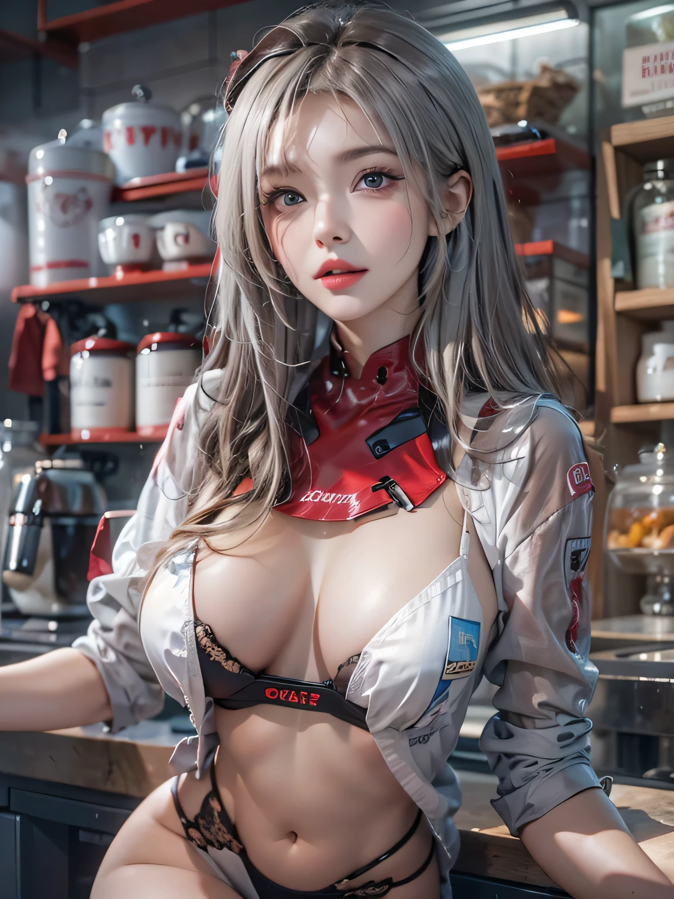 (photorealistic:1.8, highest quality:1.8,8K masterpiece:1.8,High resolution,muste piece:1.8,RAW Photos,cinematic lighting),No split screen、cyber punk、The coffee shop of the future、A woman brewing delicious coffee、 (1 android girl:1.3)、Completely naked、choker、Shop clerk uniform、beautiful breasts、beautiful butt、beautiful thighs,plump nipples、(Nipples visible through clothing)、cameltoe、 pop art design、cutting edge fashion、conceptual art、 (Beautiful, shining crimson, blue, white, gray-brown hair:1.5)、shining blue eyes、Warm Smile