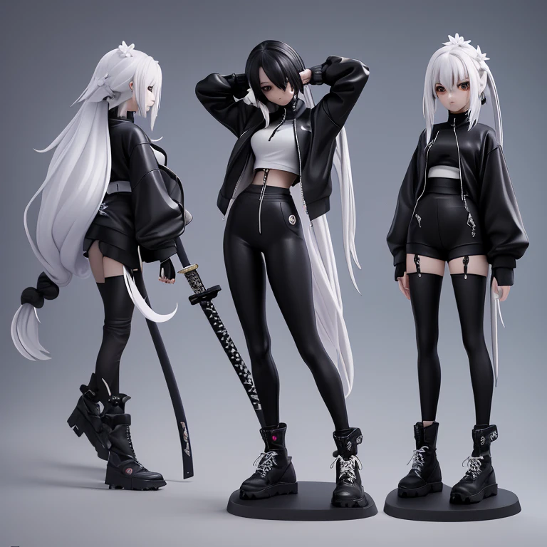 Un Skin de jeu vidéo personnalisé avec de longs cheveux noirs, attachés en queue de cheval, des vêtements détaillés oversize et larges au style streetwear noirs inspirés des armures de samouraï. Elle porte un pantalon de jogging large, platform boots, un sweat court à manches très longues, un corset noir à laçage. Powerful katana weapon skin fused with white sakura flowers. futuristic and cyber-realistic style