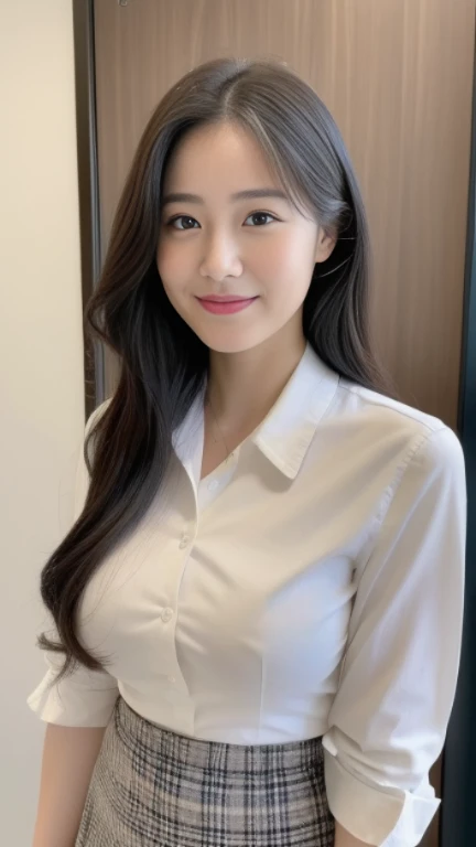 ((highest quality, 8K, masterpiece, portrait: 1.3)), (looking at the viewer), (full shot:0.85), attractive business mature woman, 1 person, a little chubby:0.35, white collared shirt, gray skirt,((big breasts 2.2)) (big pelvis:0.3), (officeの机にあぐらをかいて座っている)), smile:0.2, president'office,good posture、semi-long、