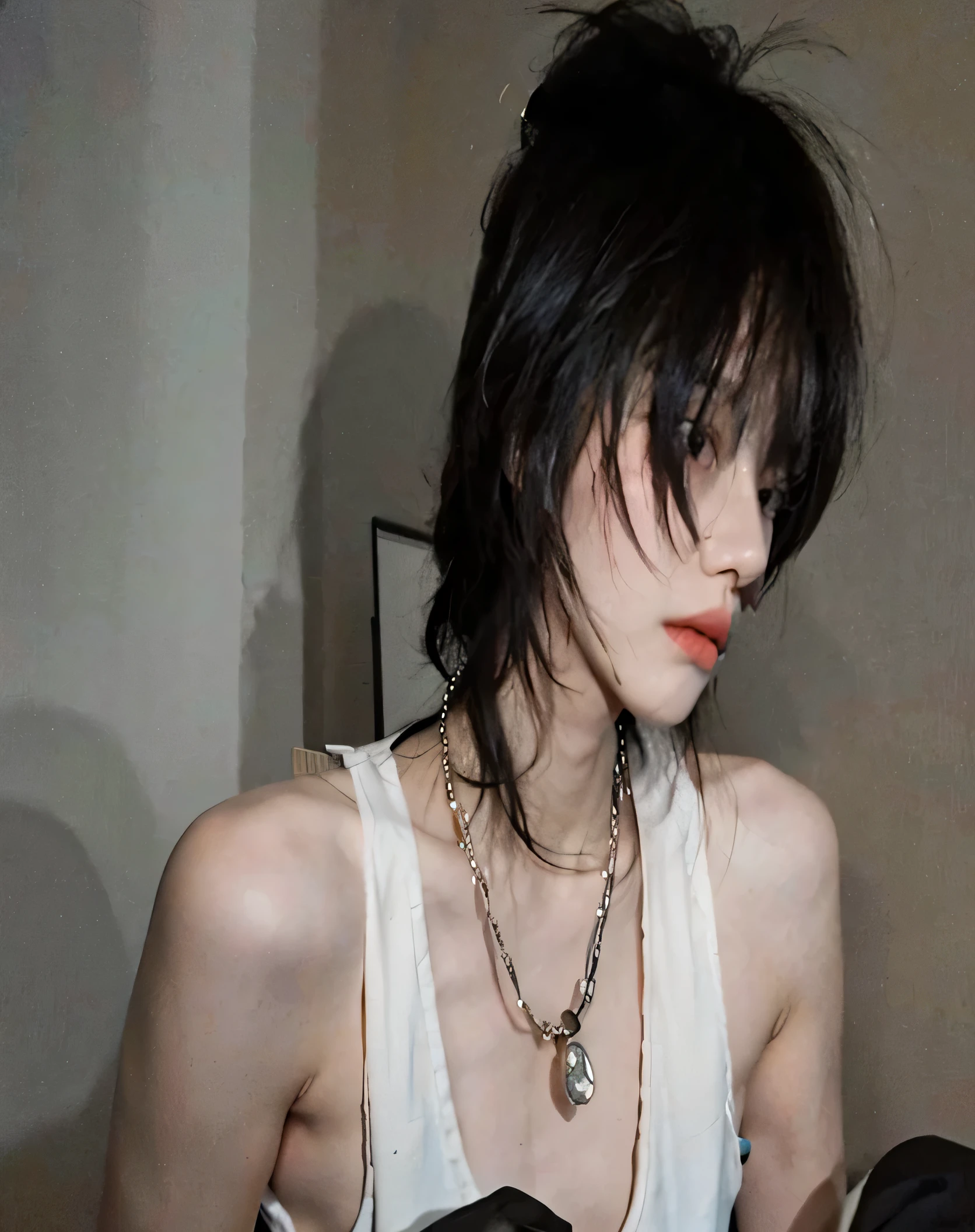 Mujer araffed con un collar y un collar en el cuello, beautiful androgynous girl, androgynous, androgynous person, delicate androgynous prince, androgynous male, beautiful androgynous prince, attractive androgynous humanoid, androginia, portrait androgynous girl, an epic non-binary model, androgynous face
