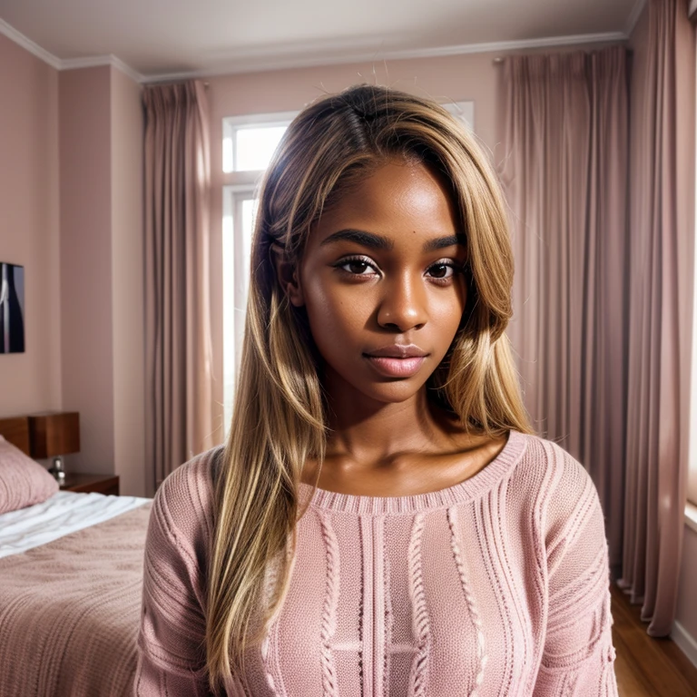 beautiful brown skin girl with perfect face shape and in her room nice blonde hairstyle,wearing a pink knit,hyper-detailed,photo realistic high res, UHD,hyperdetailed