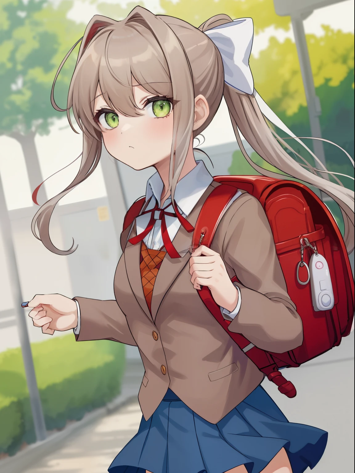 2d, masterpiece, best quality, anime, highly detailed, 1girl, solo, monika, green eyes, brown hair,very long hair, ponytail,white hair ribbon , blazer, brown sweater, collared shirt, neck ribbon, blue skirt, wearing randoseru backpack, (randoseru backpack:1.1), crime prevention buzzer, standing, outdoor, day