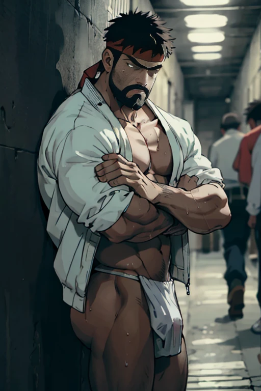 high quality,masterpiece,anime style,Minimum tone,  cowboy shot,underground,imprisonment,looking at the viewer,crossed_arm,squatting,(ryu,male、beard,Japanese,white bodice jacket,bottomless,White Fundoshi, head band ,can,sweat vapor,expression of agony,Bukkake ),muscular butt,Women&#39;s stories,multiple penises,gang rape,perfect anatomy, 