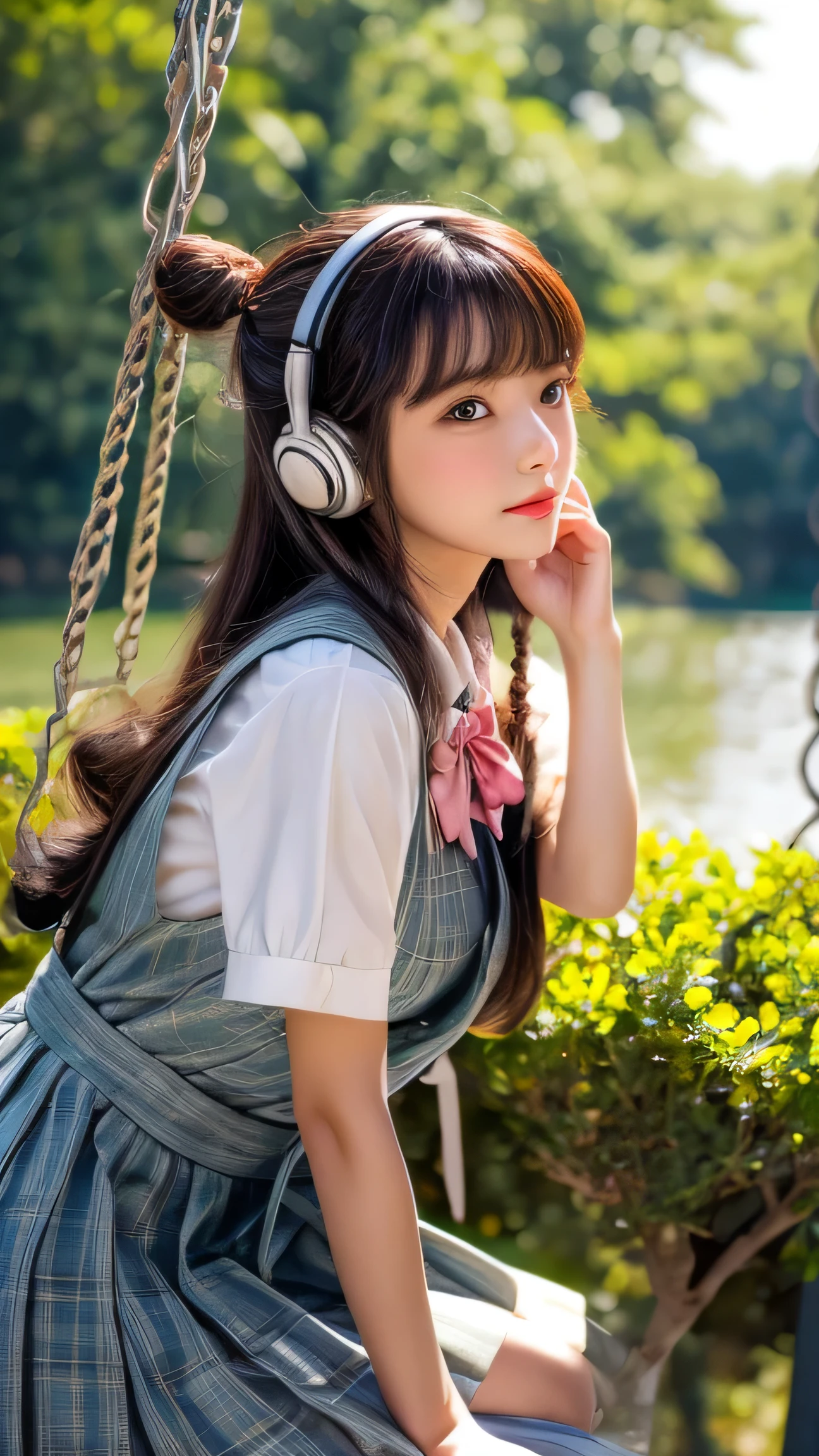 Dragon Ball　bloomers, futuristic scene, Mechanically enhanced Japanese high school girl、Elegant in an elaborate garden. She has beautifully detailed eyes and lips that complement her face. high school girl。.uniform。.。.。.。.。.。14 year old girl.. Around her are bright チューリップ and a quiet carp pond. The scenes are drawn using a combination of illustration and photorealism, Rose,Highly detailed brush strokes and sharpness, bright colors. Lighting that highlights the elegance of the uniform, gives softness to the skin, porcelain shine。. Artwork is of the highest quality, Exquisite costume details on display, Rose, . The overall color scheme is、、、、、、、、、、、、、、、traditional Japanese color combinations, crimson, hang on., bus stop、sit on a swing、Headphones around the neck、Side view、Side view、whole body、cute clothes、from far away、Open the center、Big eyes、random pose、whole body、