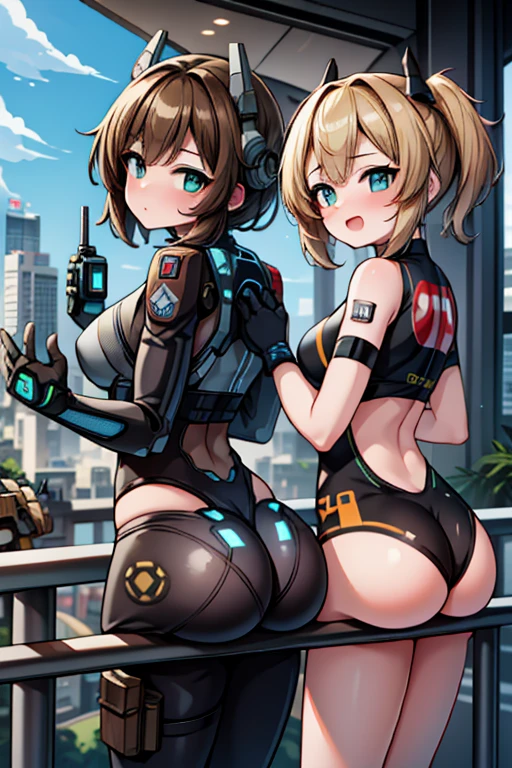 2 ragazze diverse viste da dietro,ass support,guardandole da dietro,grande culo,grandi tette,felice di stare con te,enorme culo,enormi tette,ultra-highres, ultra-detailed, best quality,perfect hands,2 ragazze,2 Titanfall 2 girls,titanfall 2 uniform,titan robot background