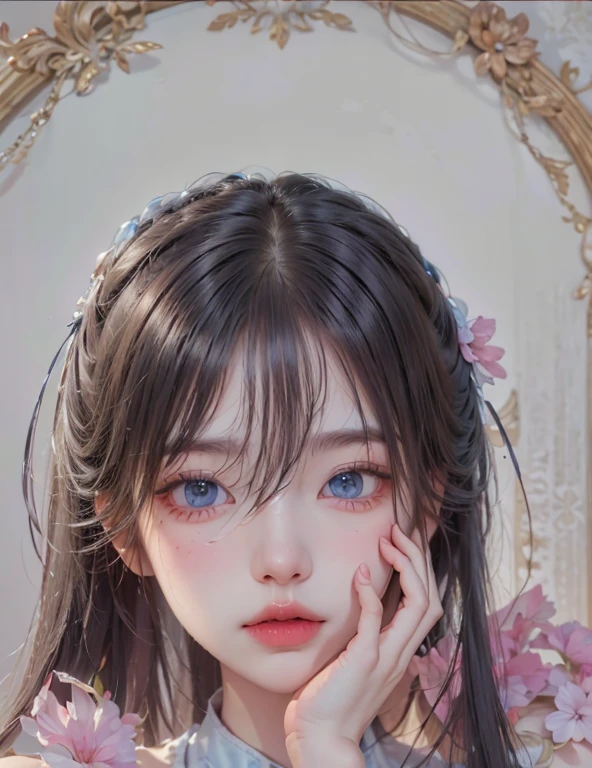modelshoot style, photorealism, pastel palette, masterpiece, diversity, ((perfect face)), blue eyes, black hair,