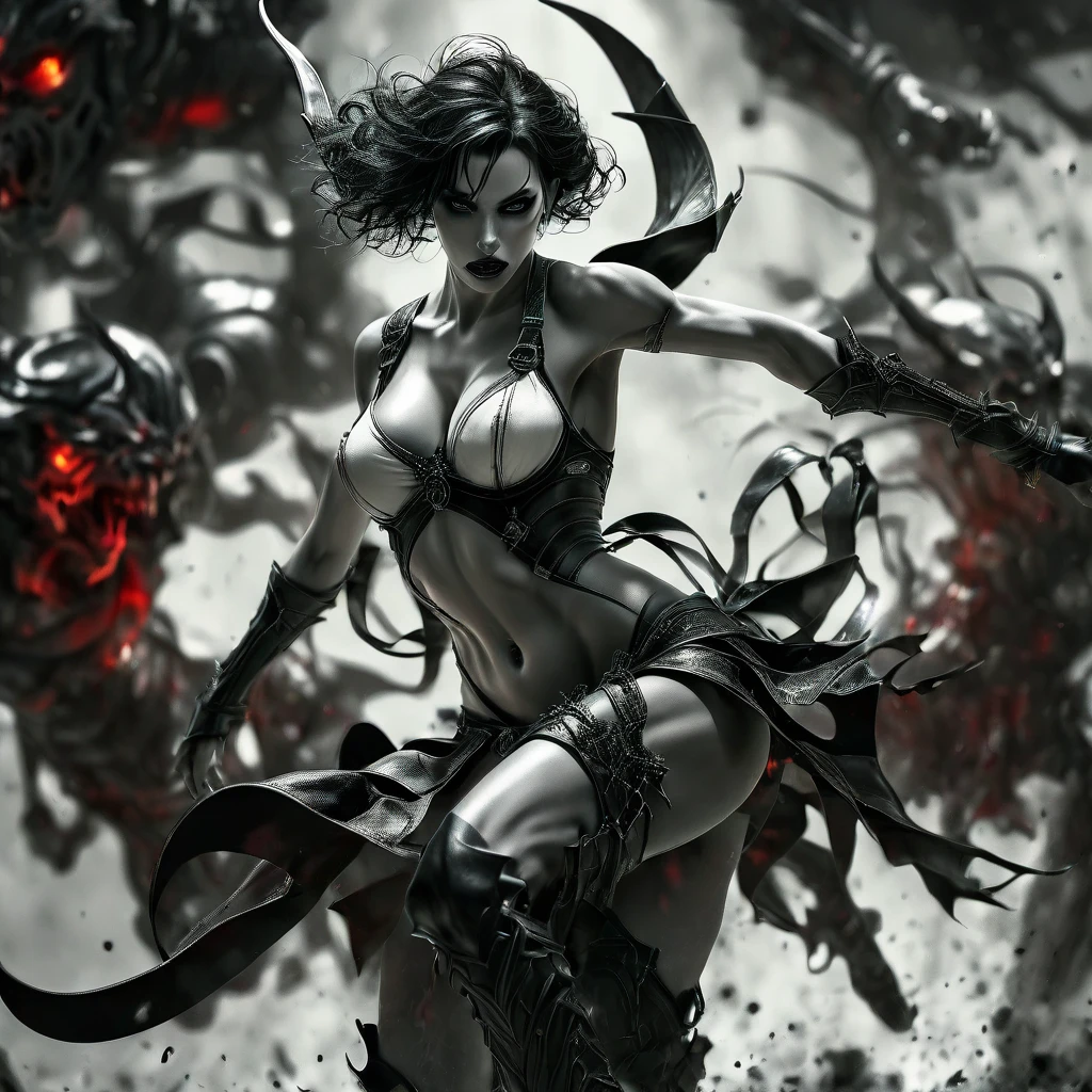 (((full body pose))), (((skulls on the ground))), (((Make a blood sacrifice))), (carnage:1.5),(black and white demoness:1.5),(beautiful female model:1.5), (demoness with Large horns:1.25),(1 super muscular with flayed skin:1.5), (perfect anatomy:1.5), high detail, best quality, masterpiece, finely detail, realistic skin texture, insanely detailed, intricate, glowing white eyes, dark hair, glowing white background, goth makeup, beautiful female face, white skin. black and white demoness:1.5, Hyperrealism, breathtaking, ultra realistic, ultra detailed,(((full body pose))), high heel shoes, 8 k high definition, wide-angle, ultra details, ultra detailed photo of a black and white demoness, Hyperrealism, breathtaking, ultra realistic, ultra detailed, cinematic lighting, photography, stunning environment, wide-angle, , medieval, Dark room, low key light, Masterpiece, Realistic,