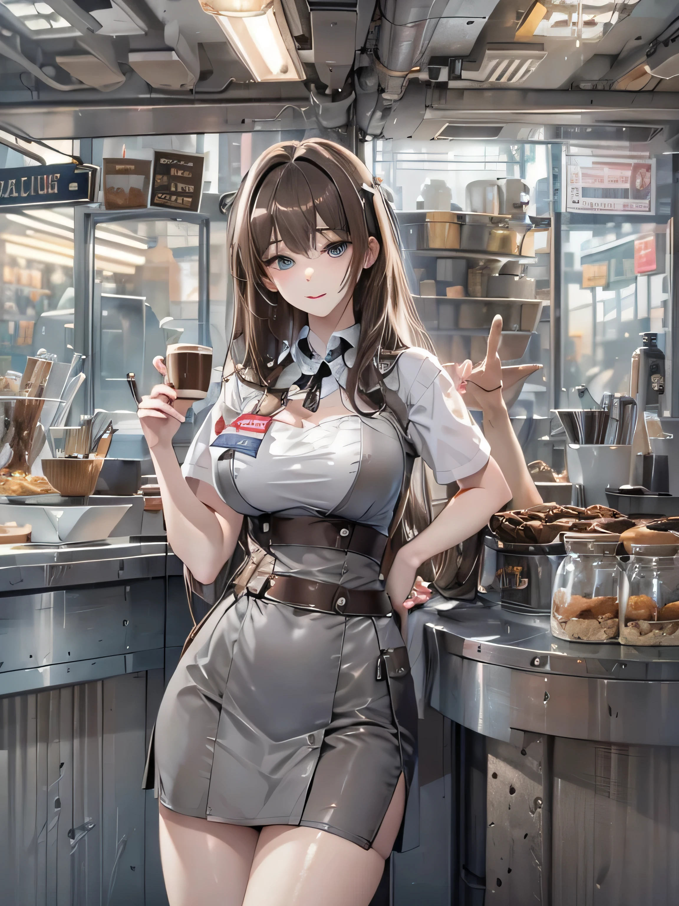 (photorealistic:1.8, highest quality:1.8,8K masterpiece:1.8,High resolution,muste piece:1.8,RAW Photos,cinematic lighting),No split screen、morning、Good Morning、The coffee shop of the future、A woman brewing delicious coffee、
 (1 android girl:1.3)、choker、coffee shop uniform、mini skirt、beautiful breasts、beautiful butt、beautiful thighs、plump nipples、(Nipples visible through clothing)、
pop art design、cutting edge fashion、conceptual art、
(Beautiful, shiny, pale, gray, black, brown hair:1.5)、shining blue eyes、Warm Smile