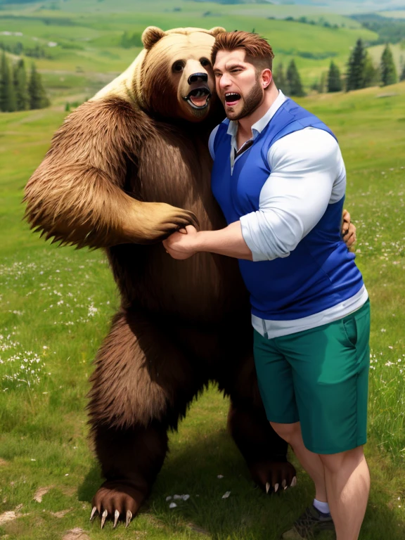 sandwiched, , 1boys, a bear, a grizzly bear, hetero, twosome, boy is muscular, a big grizzly, men hugging the bear , size difference, height difference, a growl, a predatory grin, horror, screaming, spring, green lawn, rolling hills, detailed character design, Resolution: 4k, best quality, masterpiece, high resolution,