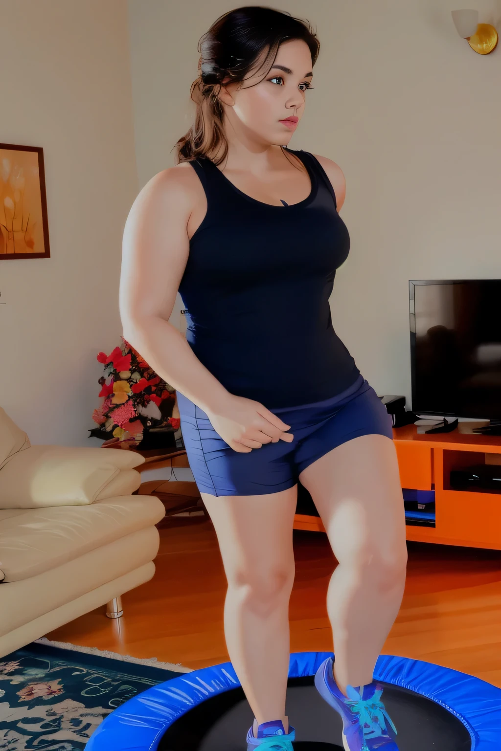 woman standing on a trampol in a living room with a television, tight black tank top and shorts, leg and hip shot, full body close-up shot, exposed thighs!!!, sport bra and dark blue shorts, leg and thigh shot, full length shot, in shorts, legs and arms, leg shot, hip and leg shot, indoor shot, tight attire