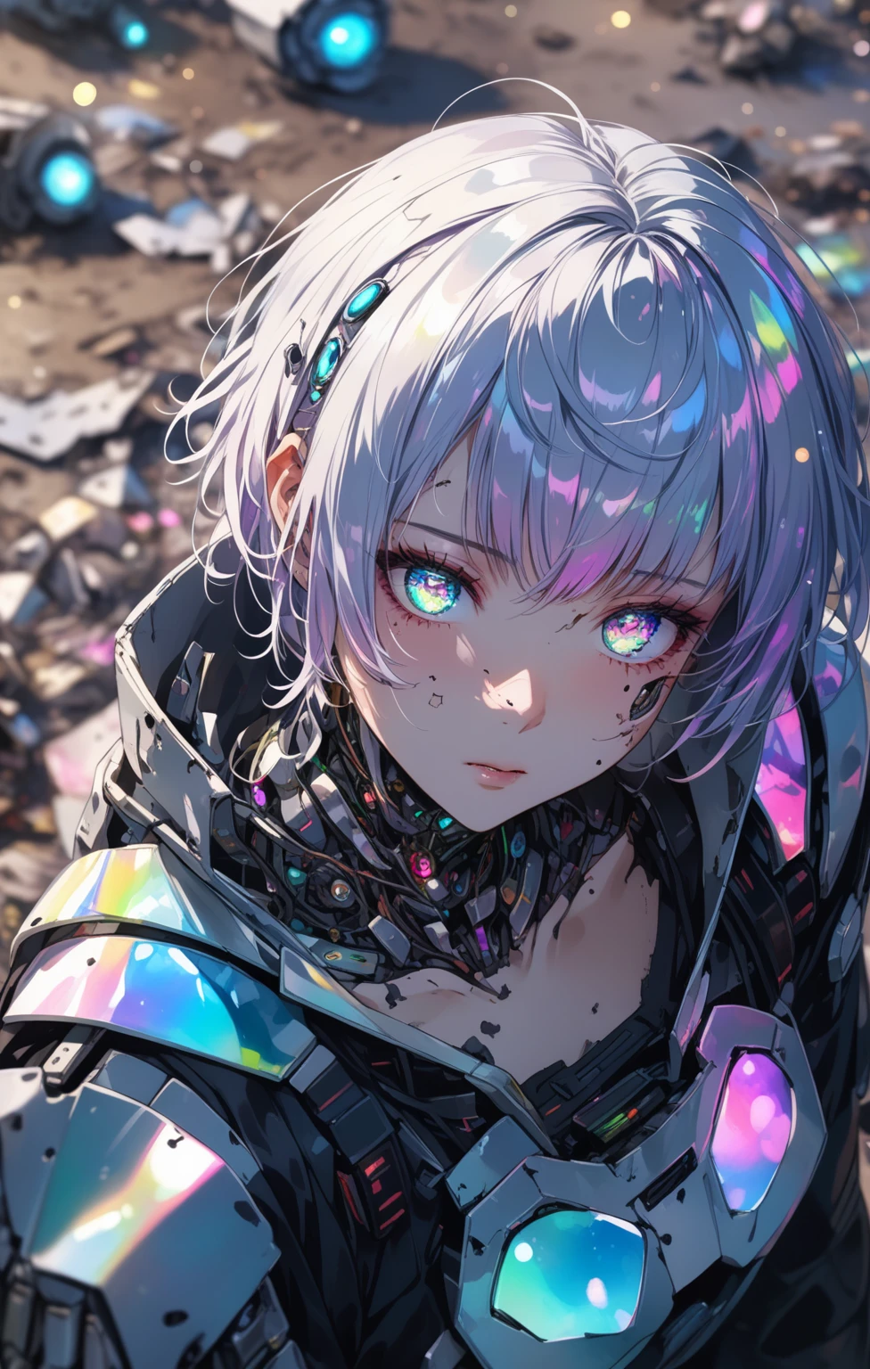 a broken ruined cyborg girl in a landfill, robot, beautiful face, body is broken with scars and holes, laying on the ground, 8K, (dynamic perspective), sharp focus, (depth of field, bokeh:1.3), extremely detailed eyes and face, beautiful detailed eyes, hyperpunk scene, cinematic lighting, reflective transparent iridescent opaque jacket, long transparent iridescent RGB hair, ((masterpiece, best quality)), niji, from above, upper body, navel, sachin teng <lora:IOS_Iridescent_opal_style:0.6>