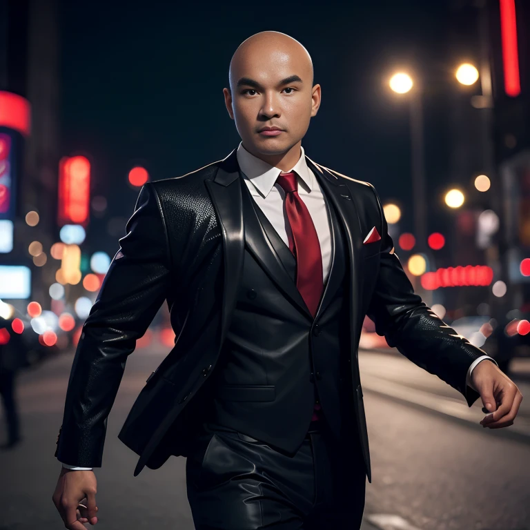 A man wearing a suit and tie walks down the street at night., man in black, wearing a black suitและสีแดง, Wear a business suitที่เข้มงวด, wearing a black suit, Wear a business suit, wearing a black suit, Wear a business suit, Wear a business suitสีดำ, in strict clothing, Professional photos with good lighting, Handsome Chad Chin, A great and beautiful portrait.