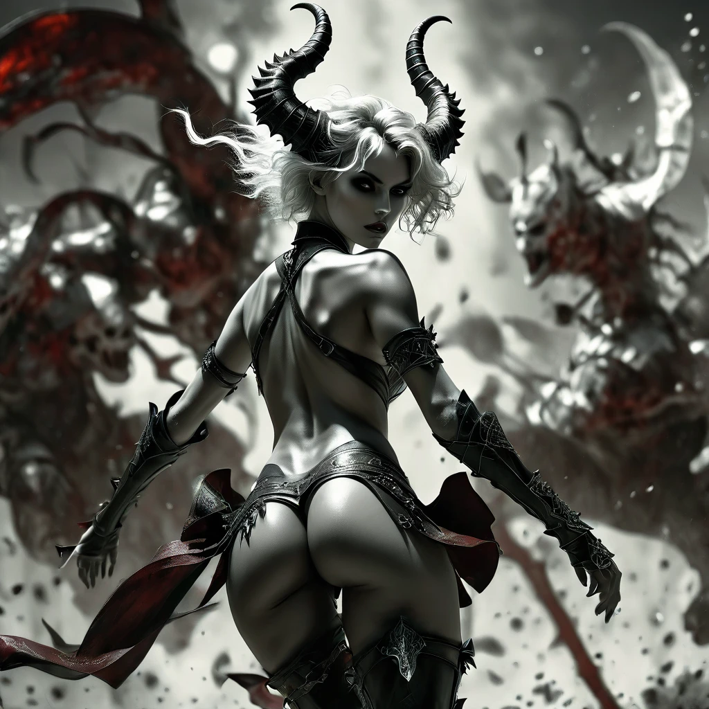 (((full body pose))), (((skulls on the ground))), (((Make a blood sacrifice))), (carnage:1.5),(black and white demoness:1.5),(beautiful female model:1.5), (demoness with Large horns:1.25),(1 super muscular with flayed skin:1.5),  (perfect anatomy:1.5), high detail, best quality, masterpiece, finely detail, realistic skin texture, insanely detailed, intricate, glowing white eyes, dark hair, glowing white background, goth makeup, beautiful female face, white skin. black and white demoness:1.5, Hyperrealism, breathtaking, ultra realistic, ultra detailed,(((full body pose))), high heel shoes, 8 k high definition, wide-angle, ultra details, ultra detailed photo of a black and white demoness, Hyperrealism, breathtaking, ultra realistic, ultra detailed, cinematic lighting,  photography, stunning environment, wide-angle, , medieval, Dark room, low key light, Masterpiece, Realistic, 
