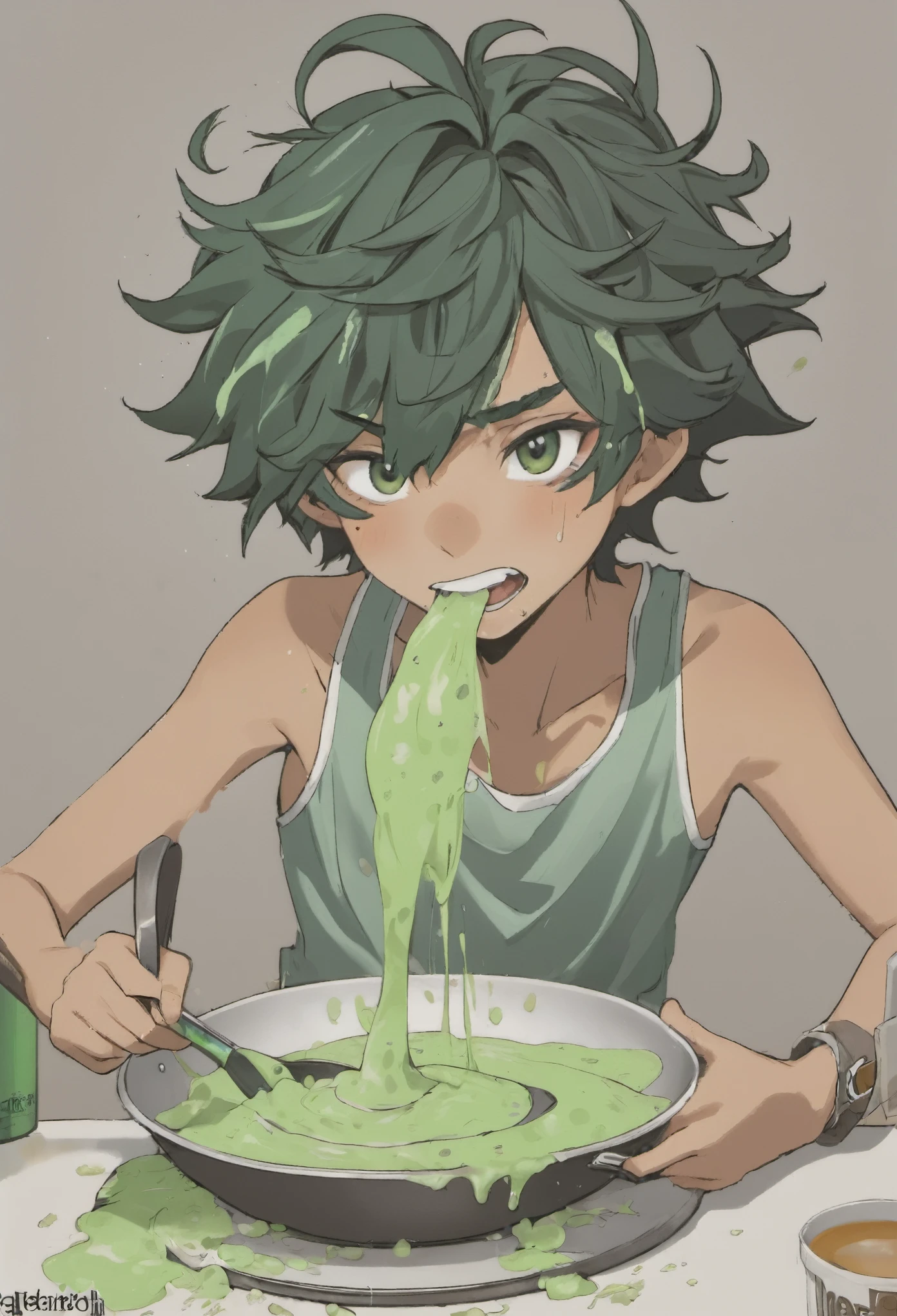 A boy with messy black hair,olhos verdes atraentes,e ele esta batendo punheta