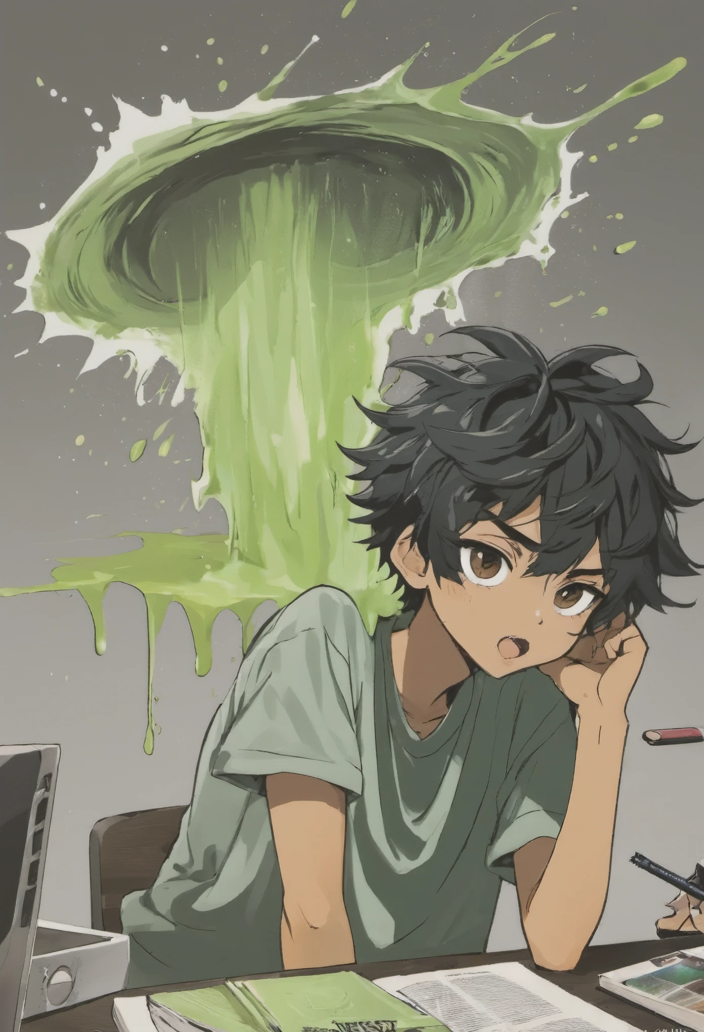 A boy with messy black hair,olhos verdes atraentes,e ele esta batendo punheta