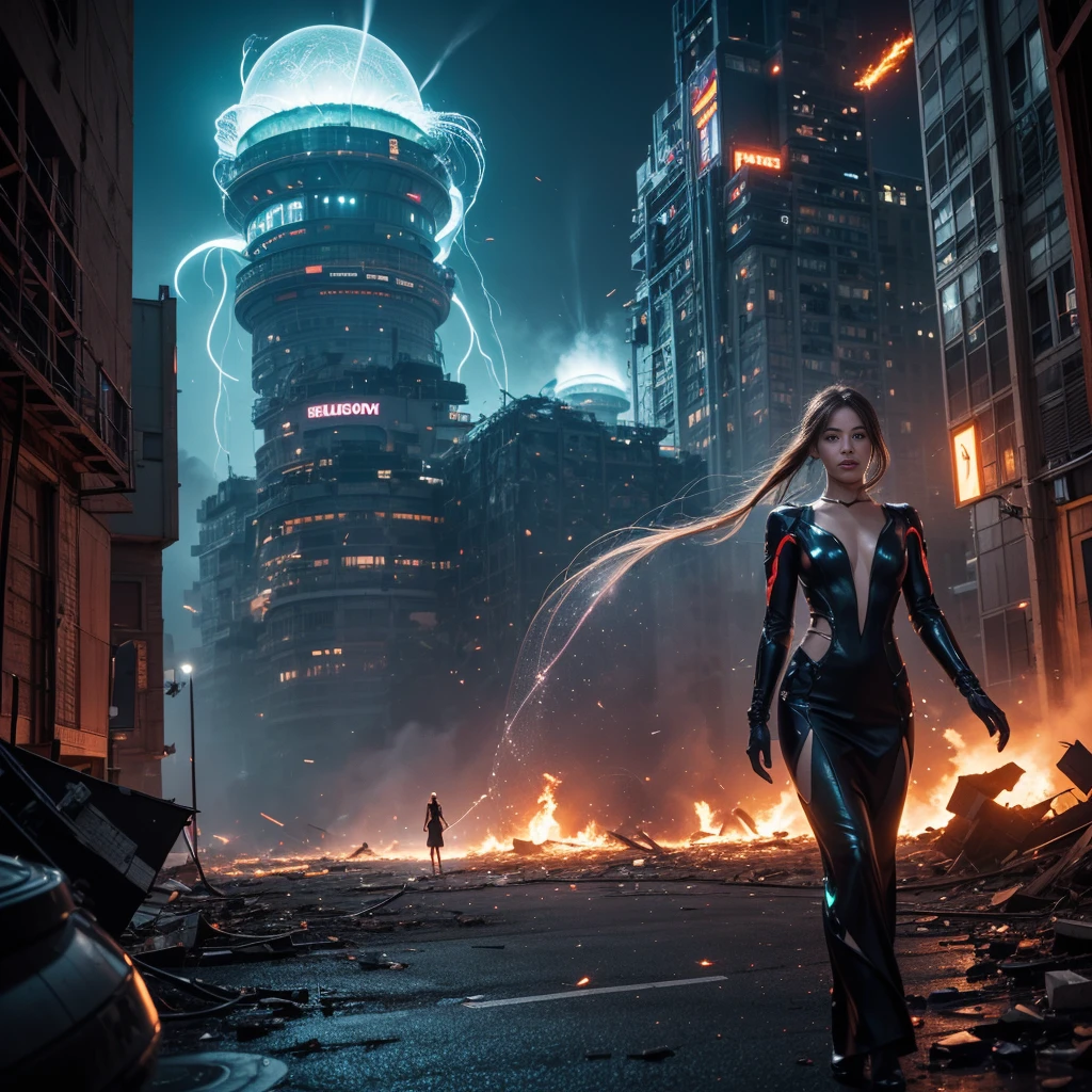 (highest quality、4k、8k、High resolution、master piece: 1.2)、Super detailed、(real、photorealistic、photorealistic: 1.37)、Destruction of a Great City、(A telekinetic woman stands in front of a giant jellyfish robot controlled by an invader.:1.37) 、(Women are young and beautiful、18-year-old、unparalleled beauty:1.5)、Insert mental barriers to resist robot attacks、vibrant cityscape、Bright colors、Shining skyscrapers、busy street、Futuristic architecture and technology、Advanced holographic display、Neon light splashes 、dramatic lighting、intense shadow、Awe-inspiring power that exudes from women、Determination in His Eyes、An elegant flowing gown、Dynamic action in the wind、Reach out and rush towards the robot.、A powerful energy emanates from the hands、Blue glowing aura、sparks of electricity、electricity crackling in the air、A vortex of energy surrounding a woman、A fascinating and surreal atmosphere、A sense of danger and impending destruction、Background chaos and destruction、Crumbling buildings、flying debris、Smoke and flames、 The contrast between beauty and destruction、The war between technology and the extraordinary power of young women,A jellyfish robot is destroyed by a telekinetic woman and falls apart