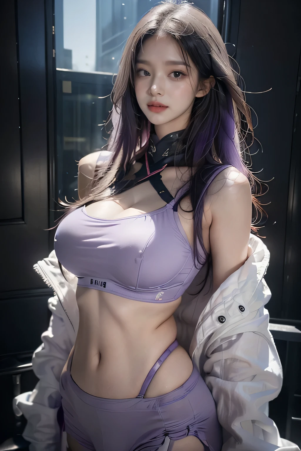 tmasterpiece,Best quality,A high resolution,8K,(Portrait),Head close-up,Original photo,digital photography,(Female scientists in sci-fi style),20 year old girl,long messy hairstyle,By bangs,(Purple Eyes),(white color hair),A plump chest, abdominal muscles, proportional body, Elegant and noble,Serious and indifferent, small breast, cleavage, suspender bra,rich details​, futuristic suit, Keep your mouth shut,exposing your navel,Intricate ornaments,Cyberpunk futuristic style,(Female scholars),dynamic poses,dark street background,oc render reflection texture, realistic, masterpiece, highest quality, lens flare, shade, [[chromatic aberration]], by Jeremy Lipking, by Antonio J. Manzanedo, digital painting, HDR, high contrast