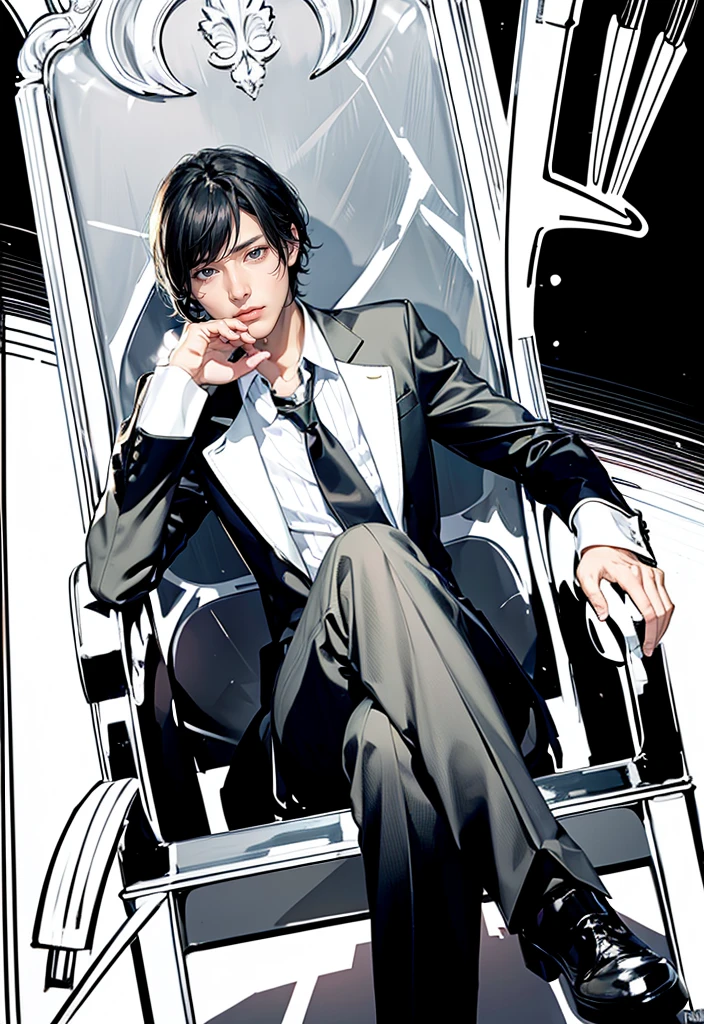 1man with black hair on the throne, staring viewer,intidation,wear suit