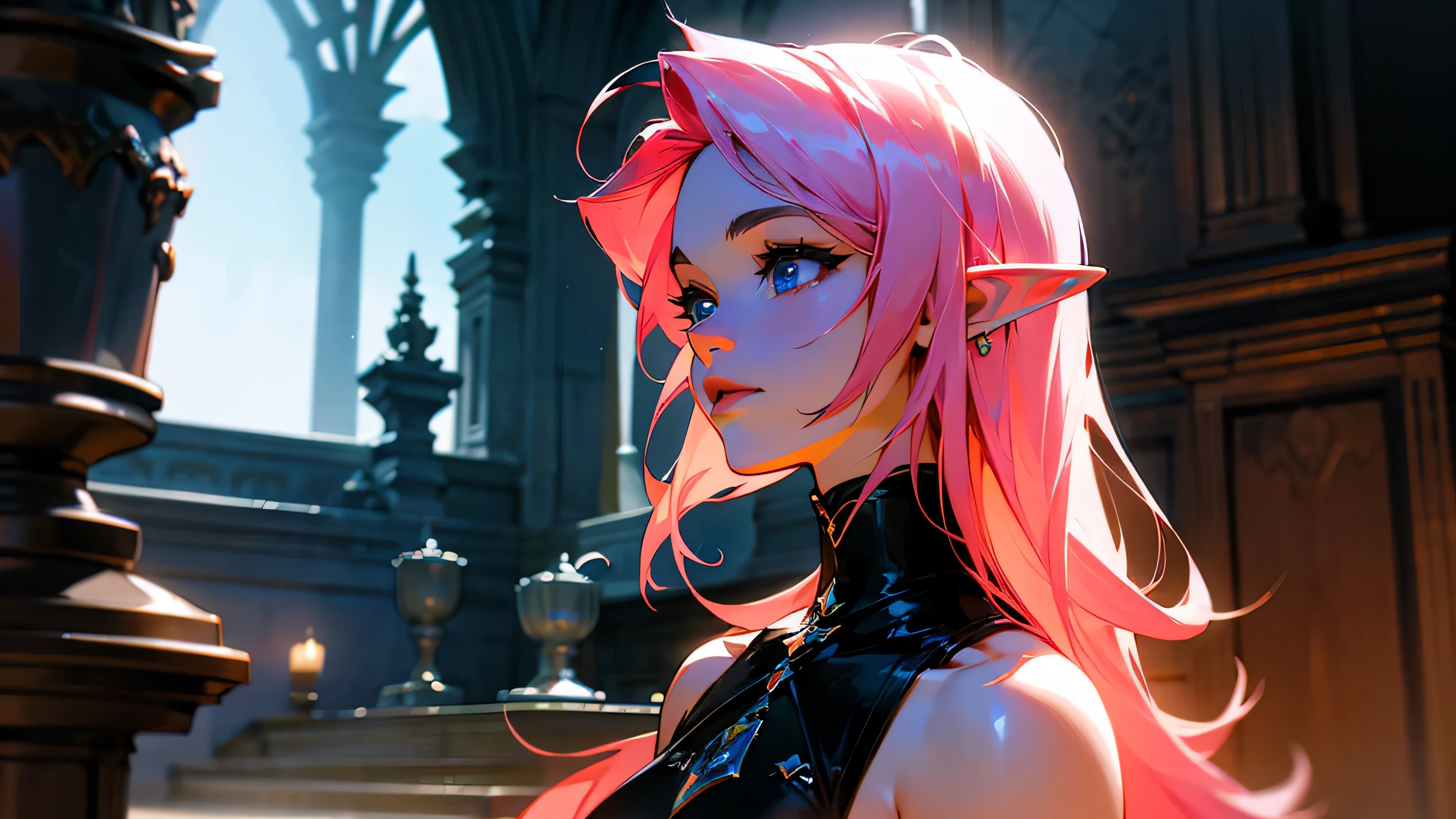 RAW, professional photograph, medium shot, photorealistic, hyper-realistic, ray tracing, super detail, UHD, 8k, female elf, twenty years old, athletic body, soft facial features, long hair, straight hair, light pink hair, blue eyes, gothic style, gothic clothing, dark Castle, gothic architecture, She is next to a fountain in the front garden