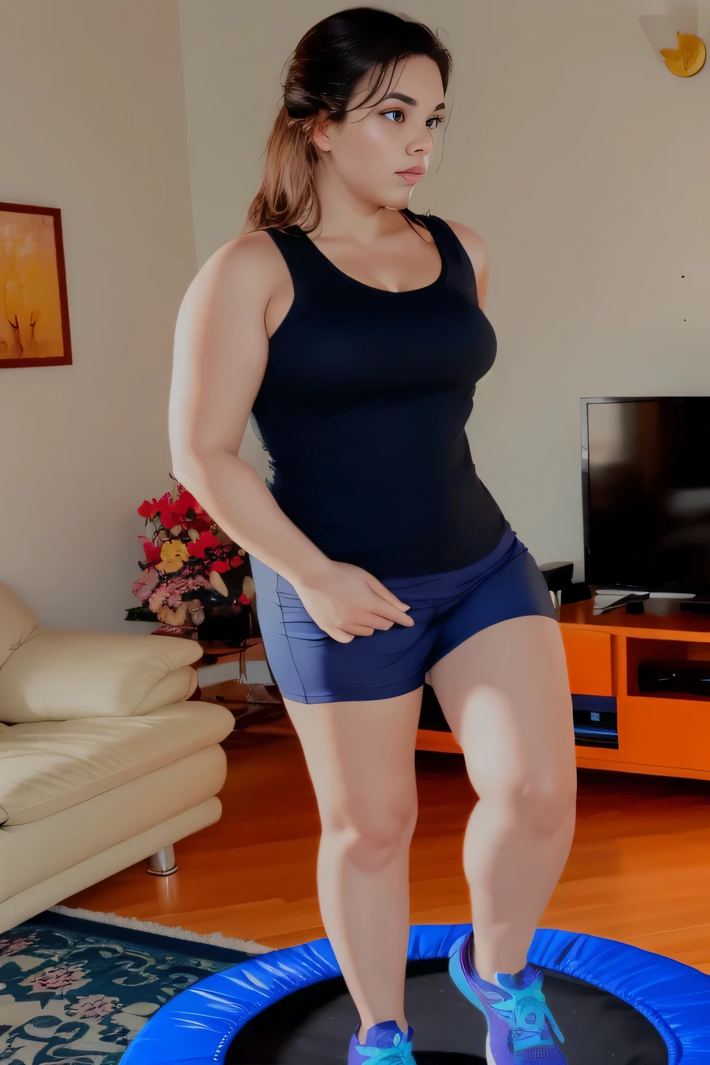 woman standing on a trampol in a living room with a television, tight black tank top and shorts, leg and hip shot, full body close-up shot, exposed thighs!!!, sport bra and dark blue shorts, leg and thigh shot, full length shot, in shorts, legs and arms, leg shot, hip and leg shot, indoor shot, tight attire