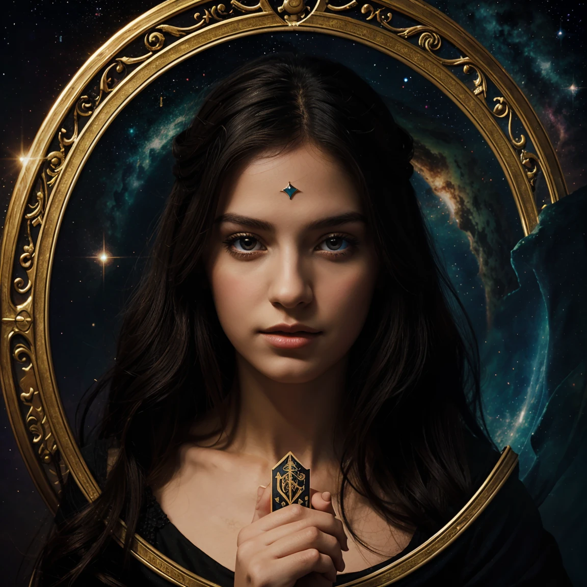 A beautiful girl who embodies the rapresentation of the Universe tarot, digital art