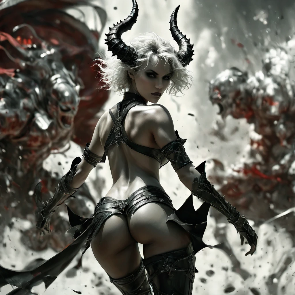 (((full body pose))), (((skulls on the ground))), (((Make a blood sacrifice))), (carnage:1.5),(black and white demoness:1.5),(beautiful female model:1.5), (demoness with Large horns:1.25),(1 super muscular with flayed skin:1.5), (perfect anatomy:1.5), high detail, best quality, masterpiece, finely detail, realistic skin texture, insanely detailed, intricate, glowing white eyes, dark hair, glowing white background, goth makeup, beautiful female face, white skin. black and white demoness:1.5, Hyperrealism, breathtaking, ultra realistic, ultra detailed,(((full body pose))), high heel shoes, 8 k high definition, wide-angle, ultra details, ultra detailed photo of a black and white demoness, Hyperrealism, breathtaking, ultra realistic, ultra detailed, cinematic lighting, photography, stunning environment, wide-angle, , medieval, Dark room, low key light, Masterpiece, Realistic,