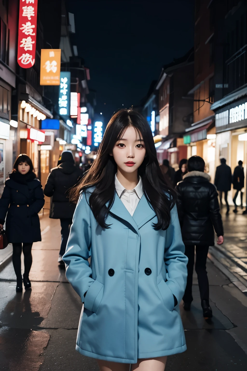 A woman in a blue coat is walking down the street, Korean woman, Korean woman, different actions,