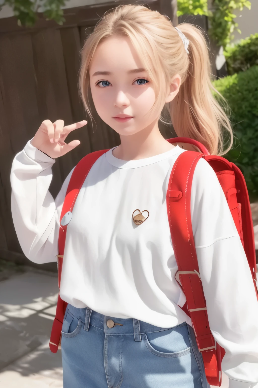 masterpiece, best quality, high resolution, extremely detailed, detailed background, cinematic lighting, realistic, 1girl, looking at viewer1 girl, 20 y.o, young adult, 160 cm tall, blonde hair, ponytail, brown eyes, white blouses, long Sleeve, puffy Sleeve, oversized long pants, smile, ,carry randoseru backpack, (randoseru backpack:1.0), crime prevention buzzer