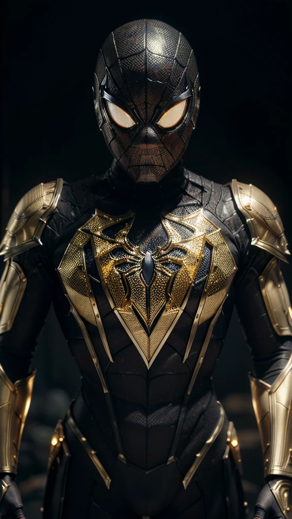 4D rendering of [Spider-Man| Cyborg] highly detailed using cybernetics and intricately detailed armor with armor and gold plates, gold-toned spider webs, RGB glowing eyes, HDR, 8k, subsurface scattering, specular light, high resolution, octane rendering, ray tracing