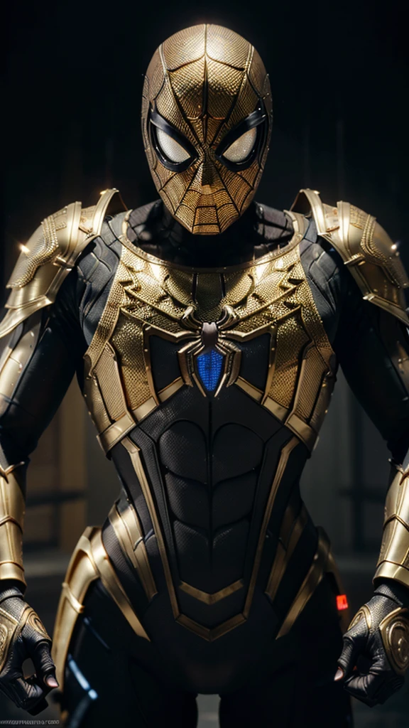4D rendering of [Spider-Man| Cyborg] highly detailed using cybernetics and intricately detailed armor with armor and gold plates, gold-toned spider webs, RGB glowing eyes, HDR, 8k, subsurface scattering, specular light, high resolution, octane rendering, ray tracing