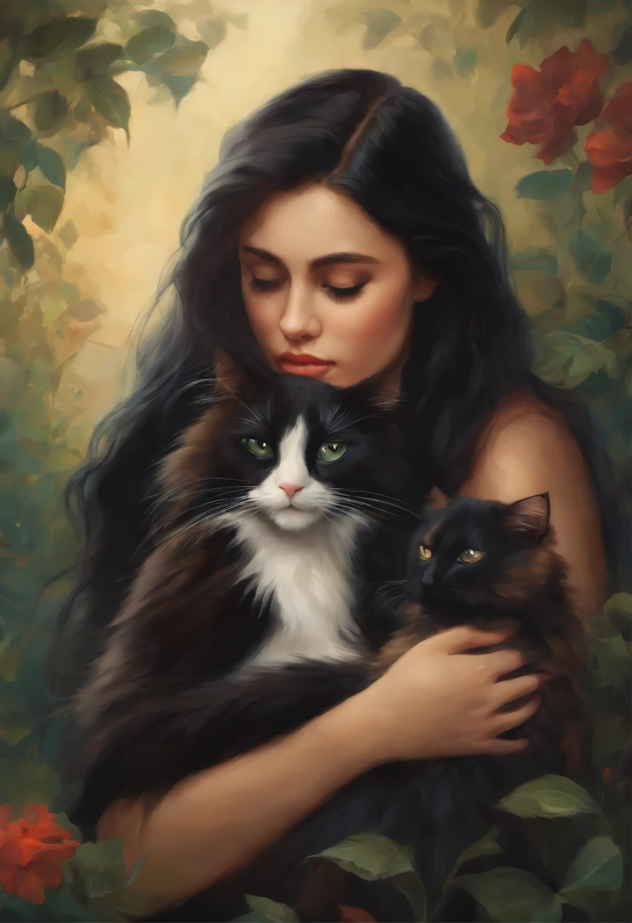 A girl with long Black hair hugging her tortoiseshell cat 