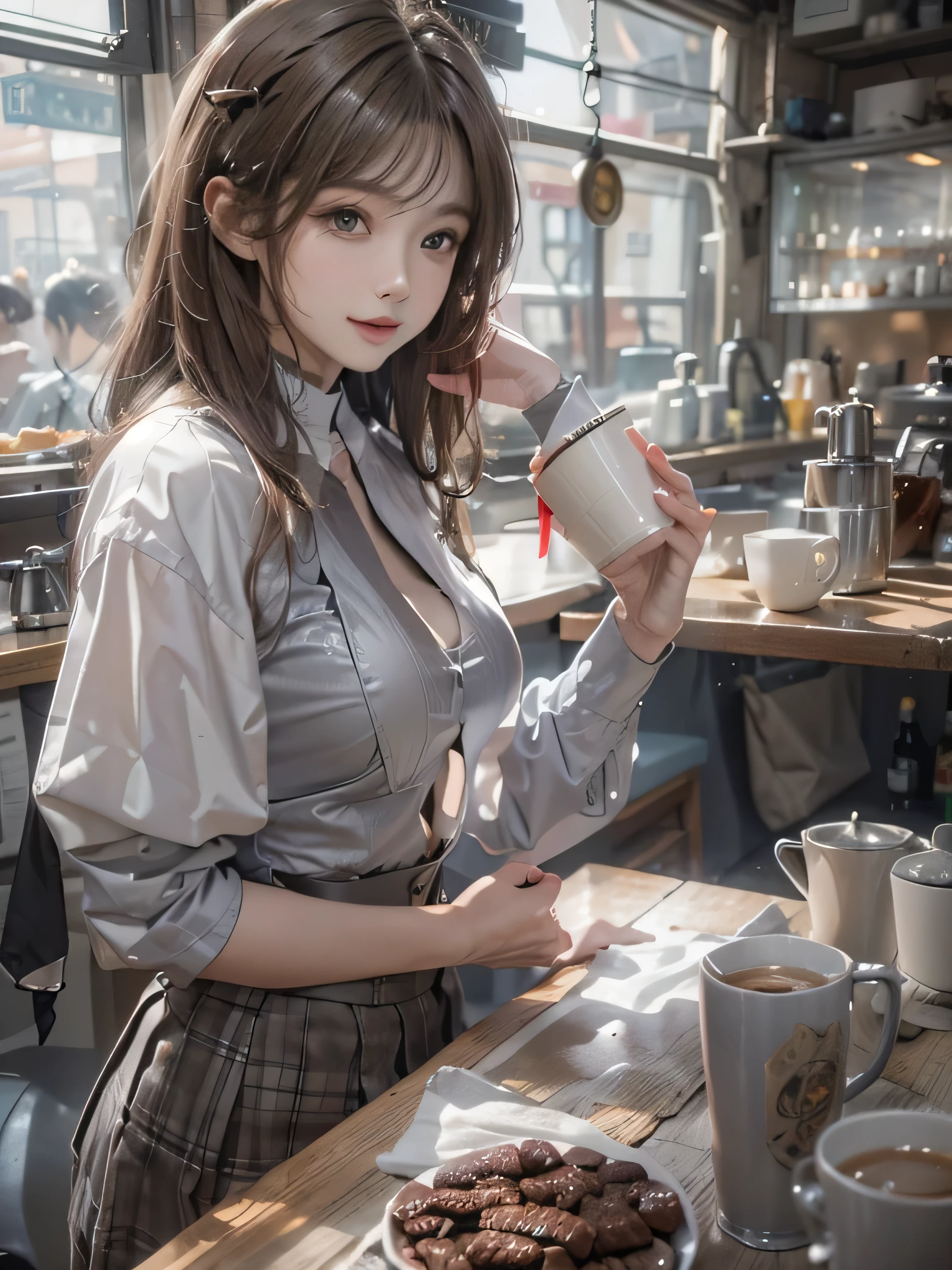 (photorealistic:1.8, highest quality:1.8,8K masterpiece:1.8,High resolution,muste piece:1.8,RAW Photos,cinematic lighting),No split screen、morning、Good Morning、The coffee shop of the future、A woman brewing delicious coffee、２５old girl、１Girl shop assistant、choker、uniform、mini skirt、beautiful breasts、beautiful thighs、plump nipples、(Nipples visible through clothing)、cutting edge fashion、 (Beautiful, shiny, pale, gray, black, brown hair:1.5)、smile