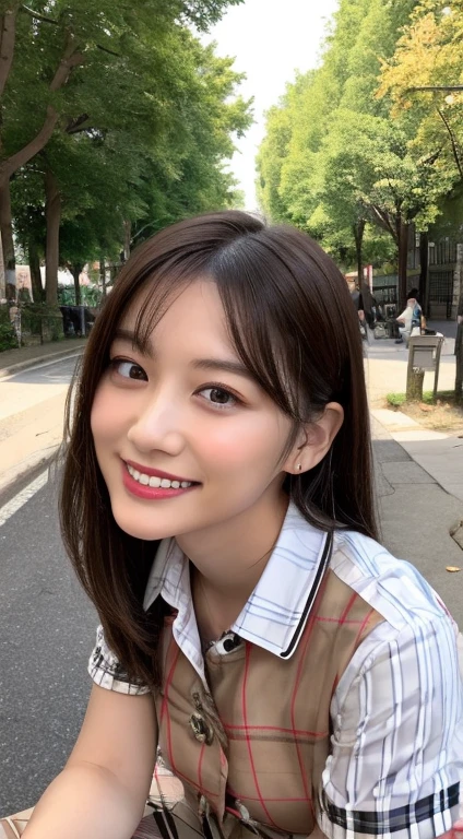 ((highest quality, 8K, masterpiece :1.3)), 1 girl, Slender pretty woman :1.3, (brown hair, shortcut, small breasts:1.2), ((Burberry checked collared shirt)), super detailed face, Highly detailed eye resolution, double eyelid、((Low - Angle))、(semi-long、Hair on my cheeks)、(Sitting at an open-air cafe along an autumnal tree-lined street)、skirt、smile、white teeth、photograph