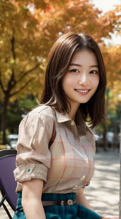 ((highest quality, 8K, masterpiece :1.3)), 1 girl, Slender pretty woman :1.3, (brown hair, shortcut, small breasts:1.2), ((Burberry checked collared shirt)), super detailed face, Highly detailed eye resolution, double eyelid、((Low - Angle))、(semi-long、Hair on my cheeks)、(Sitting at an open-air cafe along an autumnal tree-lined street)、skirt、smile、white teeth、photograph