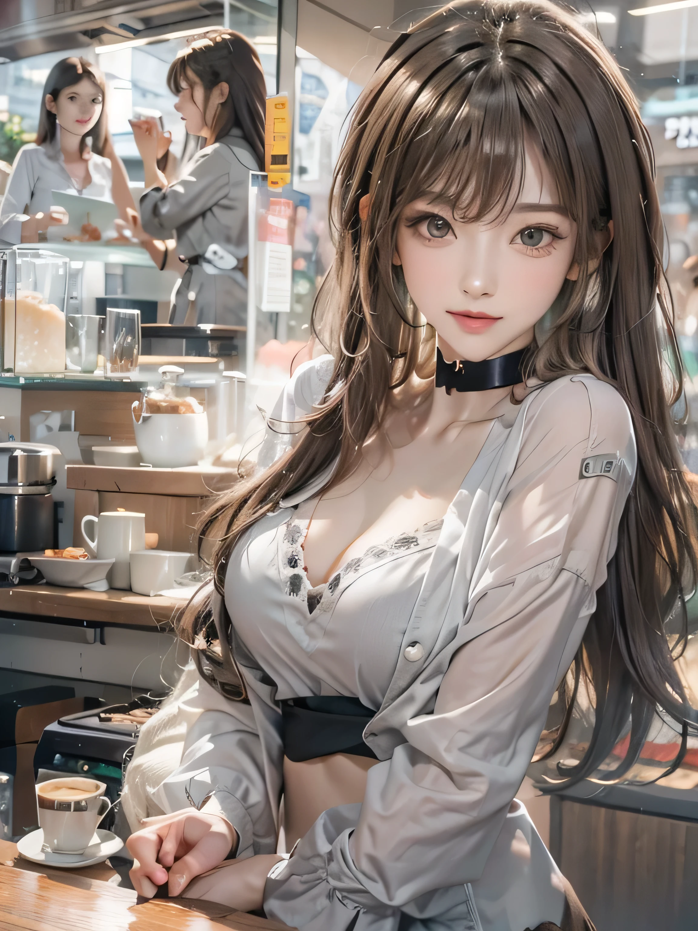 (photorealistic:1.8, highest quality:1.8,8K masterpiece:1.8,High resolution,muste piece:1.8,RAW Photos,cinematic lighting),No split screen、morning、Good Morning、The coffee shop of the future、A woman brewing delicious coffee、２５old girl、１Girl shop assistant、choker、uniform、mini skirt、beautiful breasts、beautiful thighs、plump nipples、(Nipples visible through clothing)、cutting edge fashion、 (Beautiful, shiny, pale, gray, black, brown hair:1.5)、smile