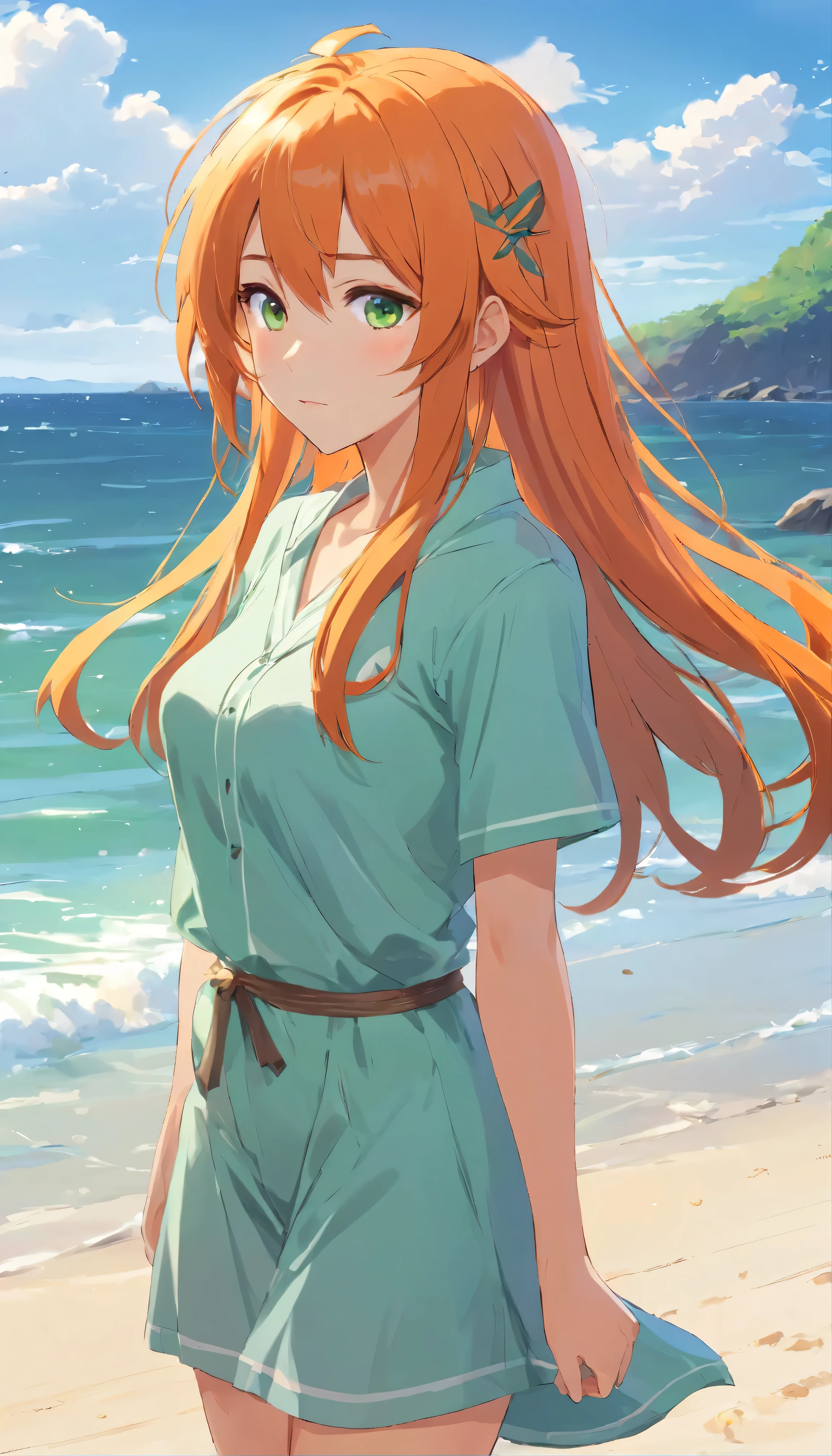 Anime girl with long orange hair, standing on the beach near the ocean, green eyes detailed digital anime art, anime girl with long hair, гладкое аниме cg art, anime girl with long hair, digital anime art, work in Guweiz style, Beautiful anime portrait, Photorealistic render of an anime girl, Beautiful anime girl, advanced digital anime art, guweiz на artstation pixiv HD UHD HQ