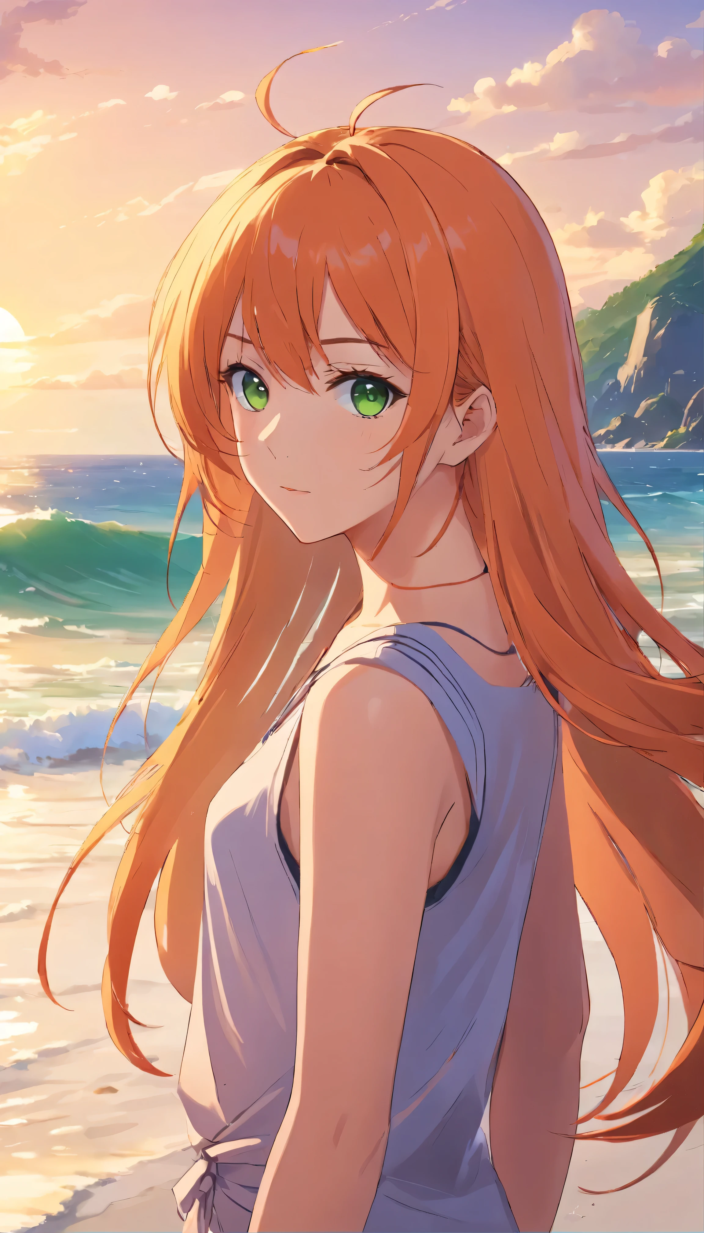 Anime girl with long orange hair, standing on the beach near the ocean, green eyes detailed digital anime art, anime girl with long hair, гладкое аниме cg art, anime girl with long hair, digital anime art, work in Guweiz style, Beautiful anime portrait, Photorealistic render of an anime girl, Beautiful anime girl, advanced digital anime art, guweiz на artstation pixiv HD UHD HQ
