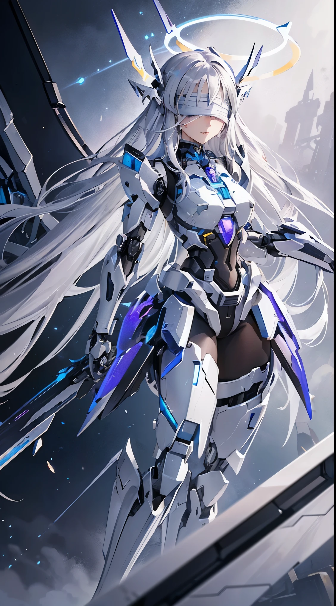 ((8K)), ((32k)), ((highest quality)), ((masterpiece)), ((超A high resolution)), ((T Masterpiece)), ((halo:1.3))、fine skin texture, fine cloth texture, fine metal texture、((beautiful and detailed face))、Raw photo、Professional, Ultra-fine painting, ((solo)), beautiful breasts、highest quality, Super detailed, Super detailed詳細, small details, very beautiful, Princess Knight Robot, (Joint of the machine, mechanical limbs:1.3), (The internal structure of the machine is exposed:1.3), (red long hair 1.1), (Beautiful and huge mechanical breasts)、white veil, cowboy_shot, side focus, headgear, shiny, ((Silver metal machine blindfold:1.8))、 (five fingers, 4 fingers and 1 thumb),concept art, anime fantasy artwork, detailed fantasy art, (with pale blue-violet hair and large white wings,,), (((long hair))), (Mecha:1.6)Sleek and menacing design, ((Armament of the Supreme Commander-in-Chief)), (perfect robot body)、Pure white and blue-purple armor, symmetrical wings, 8K high quality detailed art, 3D rendering of character art in 8K, clear legs, defined, defined fingers, NSFW、((head shot:1.3))