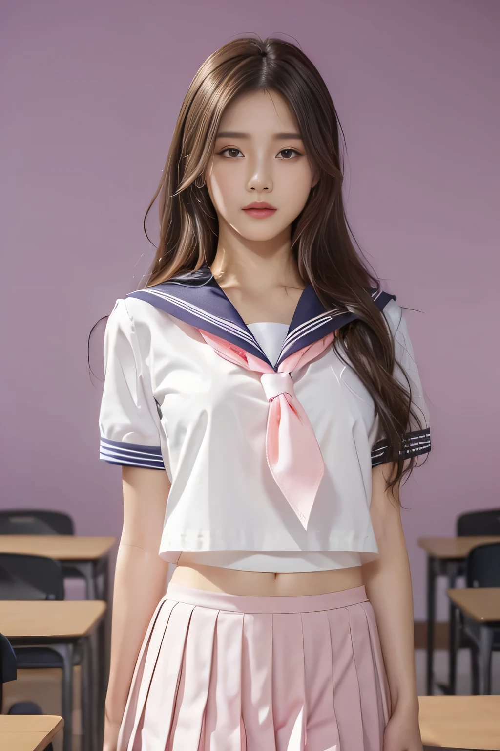 (1 girl:1.3), break, half body shot, Japanese, 17 year old supermodel, slender, high school girl, (From the side), (highest quality:1.4), 32K resolution, (realistic:1.5), (Super realistic:1.5), High resolution 32k UHD, (masterpiece:1.2)), (Improvement of quality:1.4), (very beautiful facial details), (Highest quality realistic skin texture:1.4), (perfect anatomy:1.2), (Are standing:1.37), Please show me your belly, , (((Pink , pink sailor uniform:1.15))), ((pink pleated skirt:1.15)), Do not emphasize the top of the bust, ((In the classroom:1.15)), precise fingers, Super detailed, symmetrical eyes, view audience,natural makeup, ((A good eye for quality:1.2)), (tired, sleepy and satisfied:0.0), (fine lips:1.33), (fine nose:1.2), ((Physically based rendering of the background:1.37)), crooked:1.2, large breast, (heavy chest:1.1, slender lower body), brown hair, (long hair:1.37), anxious face, Gentle light hits your face and body, epic and emotional movie lighting