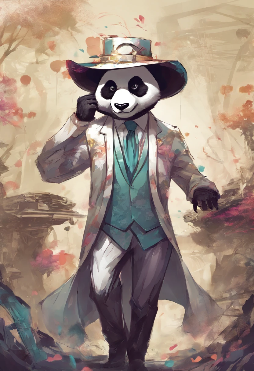 anthropomorphic panda, de cuerpo entero, vestido formalmente con un blazer, sostiene una bandeja, pegatina de panda, sticker de panda.