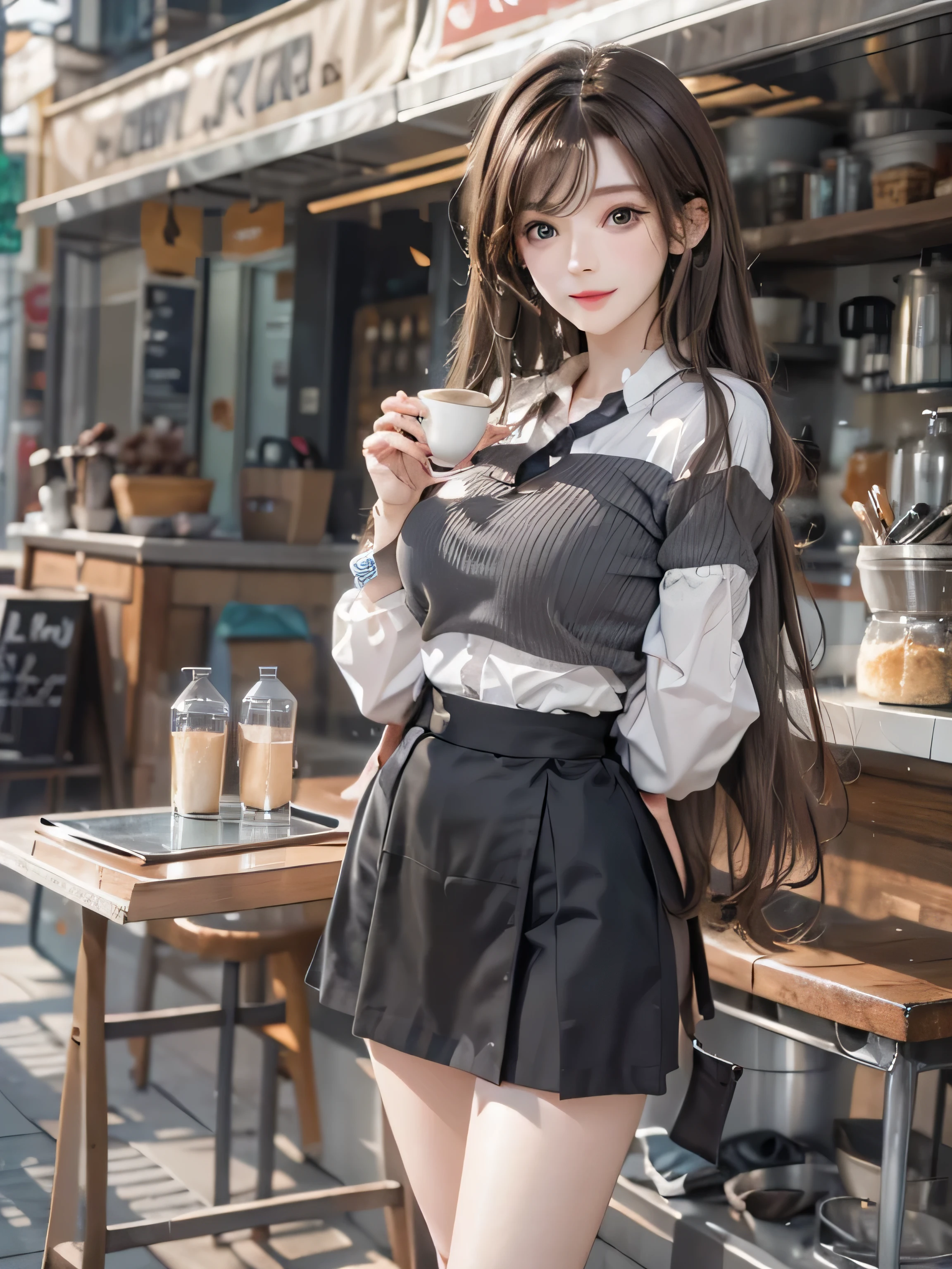 (photorealistic:1.8, highest quality:1.8,8K masterpiece:1.8,High resolution,muste piece:1.8,RAW Photos,cinematic lighting),No split screen、morning、Good Morning、The coffee shop of the future、
(A girl brewing delicious coffee:1.5)、choker、uniform、mini skirt、beautiful breasts、beautiful thighs、plump nipples、(Nipples visible through clothing)、
(Beautiful, shiny, pale, gray, black, brown hair:1.5)、looking at the camera、smile、The result is exactly as pictured、Coffee and beauty、White and beautiful skin