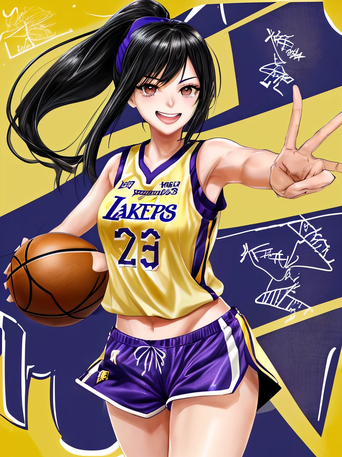 Draw an anime version of Marin Kitagawa wearing a Lakers basketball jersey and shorts. She should have long black hair, deep black eyes, and a friendly smile. Make sure to add Lakers branding on the jersey and incorporate hints of purple and gold in her outfit to match the team's colors. You can also give her matching sneakers and a basketball in her hand to complete the basketball player look. She should appear energetic and fit for the basketball court