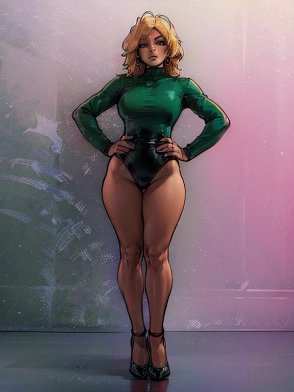 a 25 year old girl, (((big tits))), big tits, buttercup, small waist, ((straight hair)), long hair, bangs, ((blonde hair:1.5)), 1.80 tall, long legs, ((perfect face)), full lips, ((pink lips)), ((black leotard:1.3)), ((dark green eyes:1.5)), (( short black skirt:1.4)), heels, ( (standing)), ((full body)), ((((Melkor Mancin)))), high resolution, award-winning, accurate, high resolution, award-winning, precise, simple background, white background, ((wide shot)), wide shot, wide shot, high detail, high detail, best quality, HD, high quality, super detail, masterpiece, best quality, HD, high quality, super detail, masterpiece, 16k, 8k, HD, 1080P, 4K