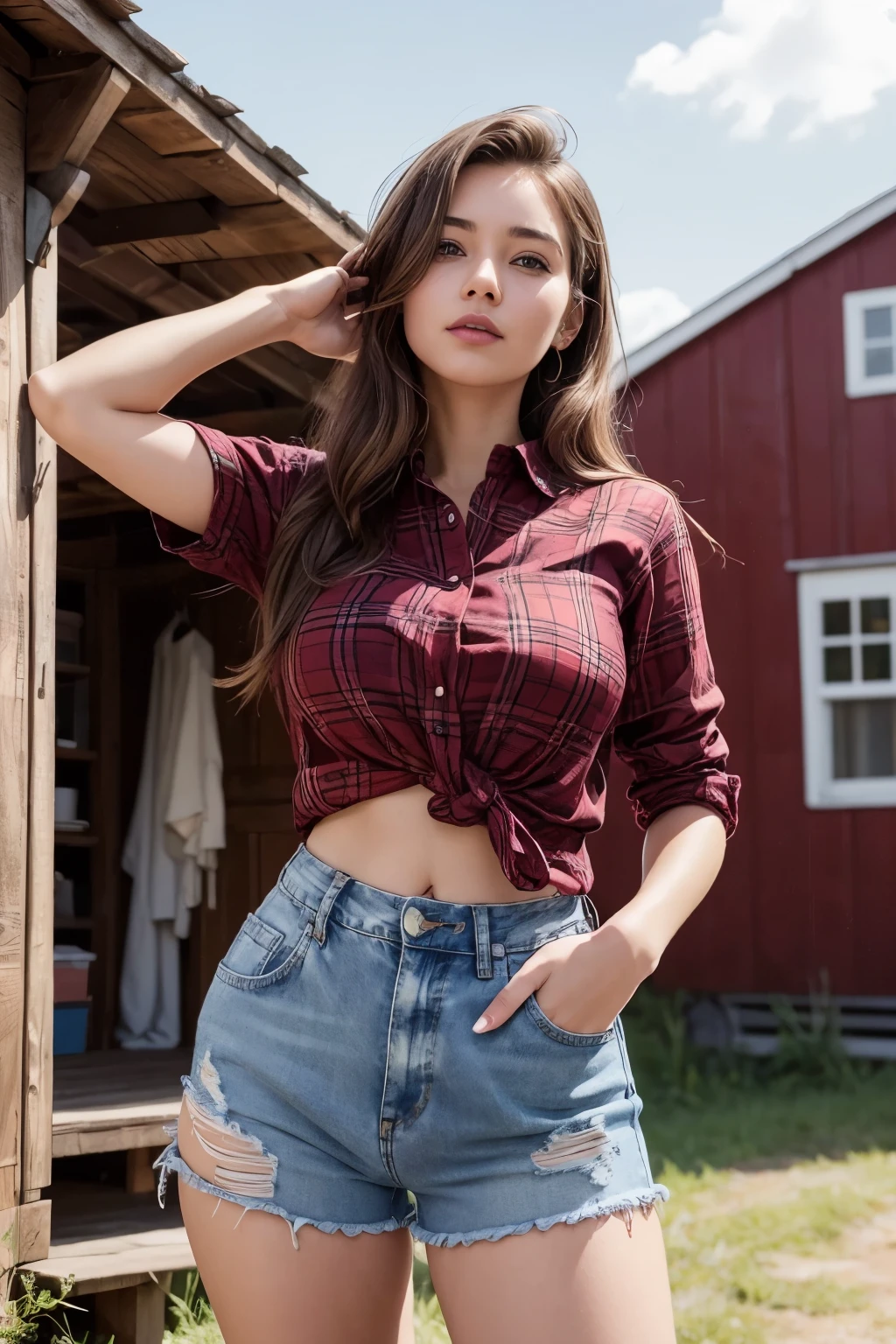 RAW, Best quality, high resolution, Masterpiece: 1.3),
Beautiful woman with red plaid shirt (iu:0.8),
Best quality, high resolution, Masterpiece: 1.3,
A Beautiful woman in a red knotted plaid shirt,
Masterpiece,
Realistic depiction of a woman,
1girl,
Wearing a red plaid shirt and denim shorts,
Narrow waist,
Defined navel,
Barn setting,
Busty,
Aesthetics of the female form,
Quintessential rural charm,
Close-up view of her face,
Detailed jeans shorts,
Grain