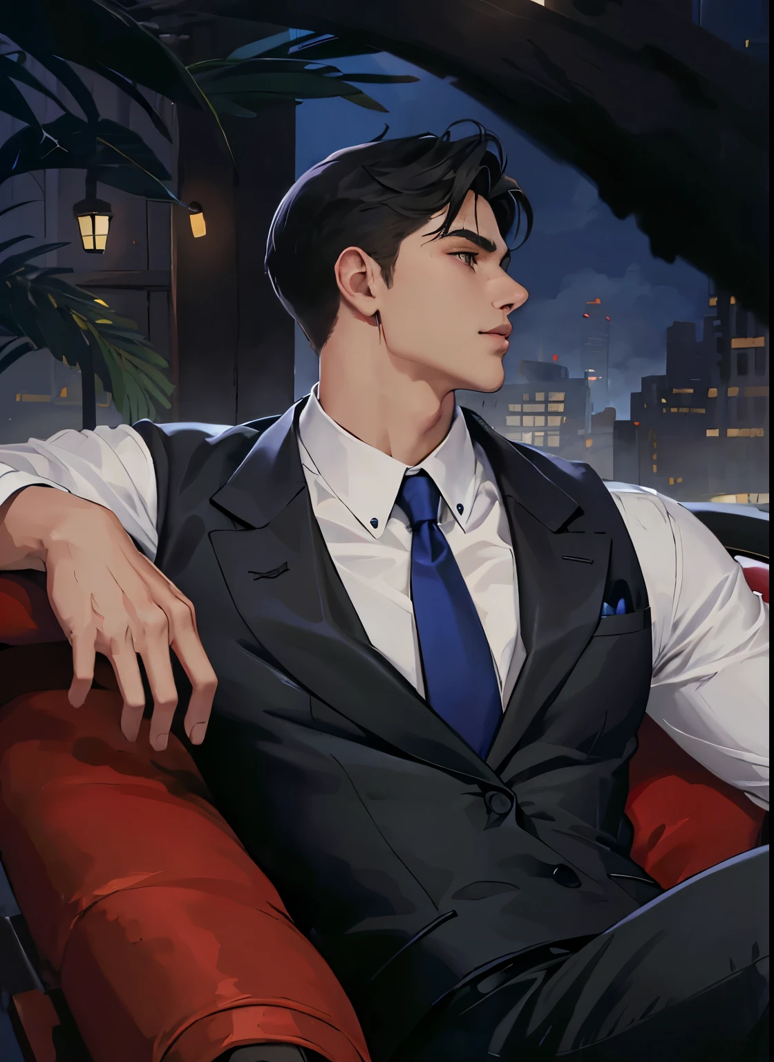 (absurdos, high resolution, ultra detalhado, realista, ), 1 homem, Sozinho, adulto, maduro, cara alto e musculoso, ombros largos, bonito, Cabelo muito curto, cabelo preto, olhos castanhos, angular jaw, thick neck, Sobrancelhas espessas, noite, escuro, the night view of the city background, roupa formal, gravata, tronco