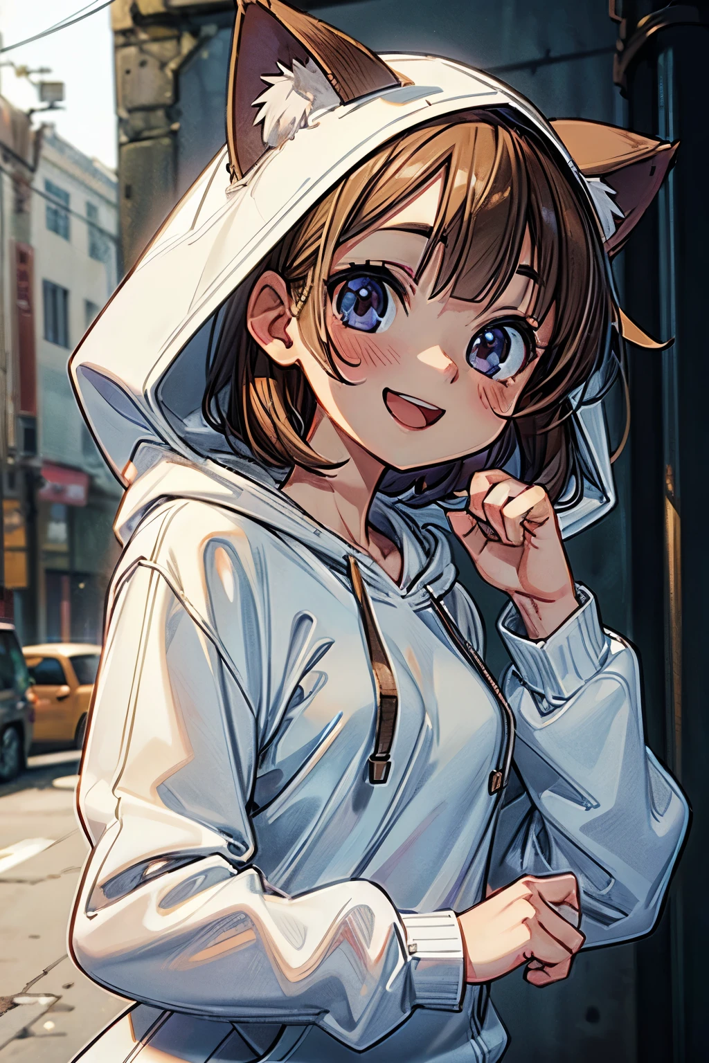 ((Masterpiece)), (Anime:1.3), ((best quality)), (RAW photo: 1.2), (High Definition:1.3), (Professional Photography:1.2), (hard lighting:1.5), (closeup face), Textured skin, cinematic lighting, (12 years old), 1girl, (Cute teenage beautiful Girl), violet eyes, loraeyes, (Beautiful daiamond eyes:1.5), BREAK, ((best quality)), Cat ears, Pale brown hair, unruly hair, medium hair, (innocent smile:1.4), Open mouth wide, Glossy lips, BREAK, ((pure white hoodie)), zipper, Slender body, (slightly exposed naked small breasts), sweaty, Beautiful small breasts, (kawaii posing:1.4), Slum townscape,
