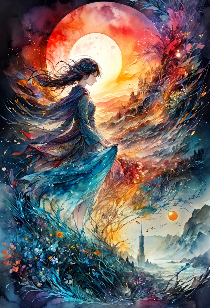 "bloodmoon Digital watercolor Illustration of a summerscape sunset, Carne Griffiths, Minjae Lee, Ana Paula Hoppe, Stylized watercolor art, Intricate, Complex contrast, HDR, Sharp, soft Cinematic Volumetric lighting, flowery pastel colours, wide long shot, perfect masterpiece""detailed matte painting, deep color, fantastical, intricate detail, splash screen, complementary colors, fantasy concept art, 8k resolution