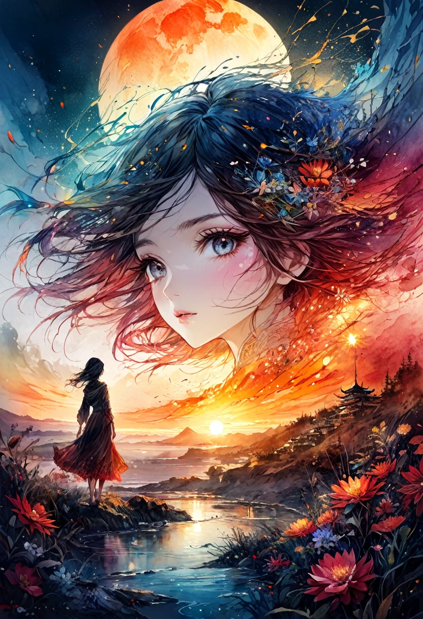"bloodmoon Digital watercolor Illustration of a summerscape sunset, Carne Griffiths, Minjae Lee, Ana Paula Hoppe, Stylized watercolor art, Intricate, Complex contrast, HDR, Sharp, soft Cinematic Volumetric lighting, flowery pastel colours, wide long shot, perfect masterpiece""detailed matte painting, deep color, fantastical, intricate detail, splash screen, complementary colors, fantasy concept art, 8k resolution