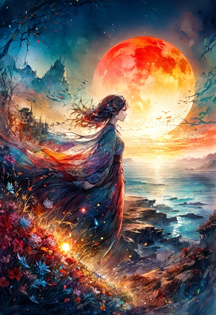 "bloodmoon Digital watercolor Illustration of a summerscape sunset, Carne Griffiths, Minjae Lee, Ana Paula Hoppe, Stylized watercolor art, Intricate, Complex contrast, HDR, Sharp, soft Cinematic Volumetric lighting, flowery pastel colours, wide long shot, perfect masterpiece""detailed matte painting, deep color, fantastical, intricate detail, splash screen, complementary colors, fantasy concept art, 8k resolution