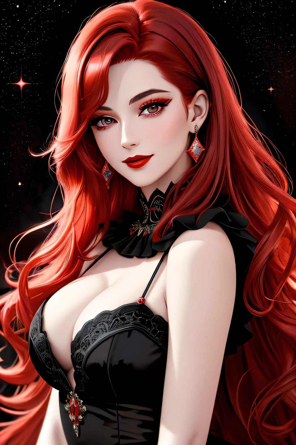 (Masterpiece, Best Quality:1.3), absurdres, (8k resolution), illustration, ((outline, thick lineart)), (faux traditional media:1.3), looking at viewer,(masterpiece,best quality),HDR,high-definition,[[Intricate Details]],cinematic,photorealisticportrait shot, ((vivid red hair)), mature woman, 30 years old, diamond face, moonlight, red starry sky background, depth of field, magic, big red lips, ((dark black eyes)) black and red long and full dress, covered chest, mystical atmosphere, smile expression, posing, taut and well defined body, attractive. Highly realistic, pale skin, beautiful, hyperrealism, skin very elaborated, direct gaze
